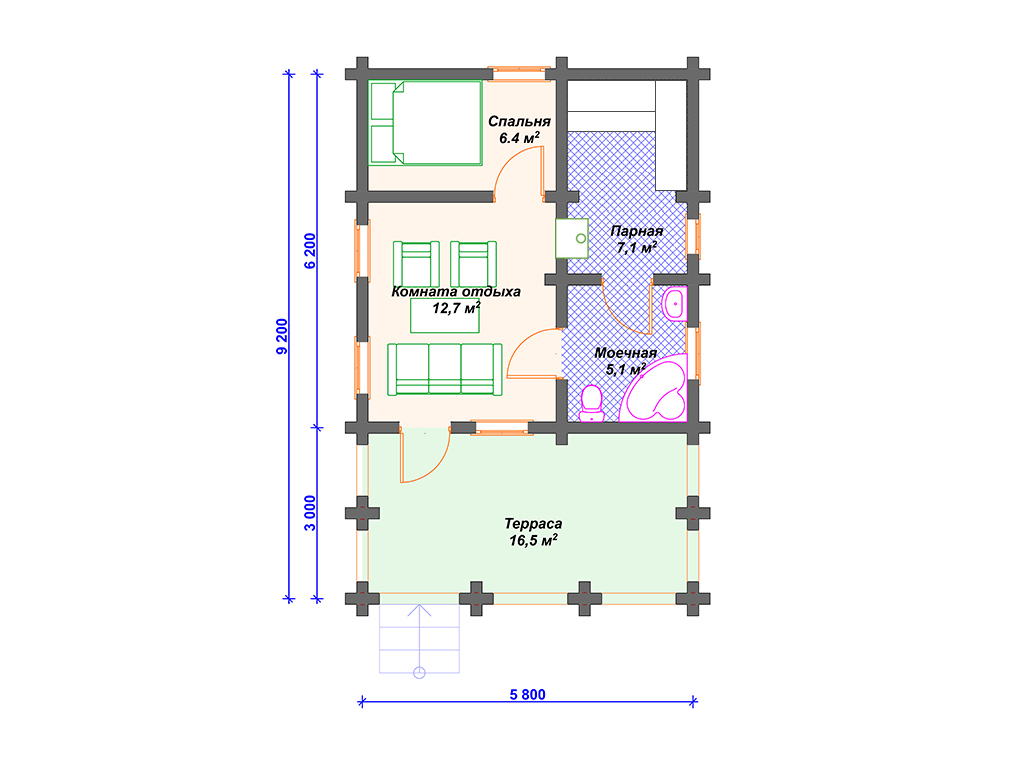 Сруб бани 6x9 с террасой                    8