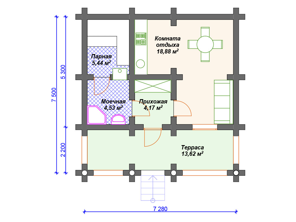 Сруб бани 7x7 с террасой                    5