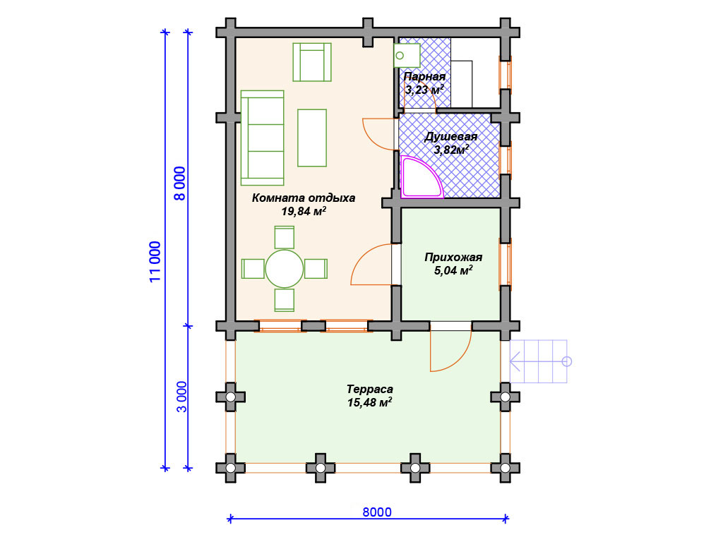 Сруб бани 8x8 с террасой                    7