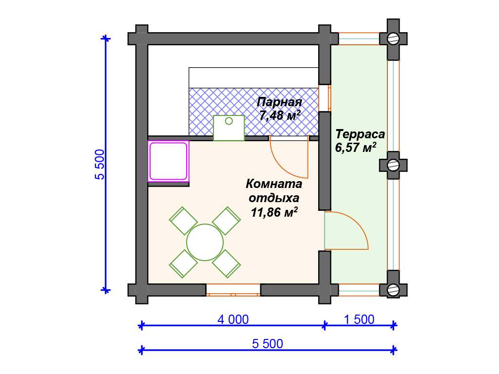 Сруб бани 5х5 с террасой                    5
